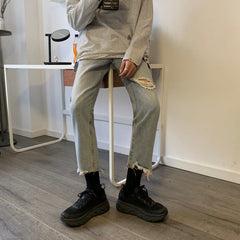 Men Jeans Spring and Summer Men's Ripped Jeans Wide-Leg Straight Pants