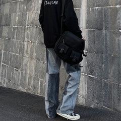 Men Jeans Washed Old Baggy Straight Trousers Contrast Color Tie-Dye Denim Trousers