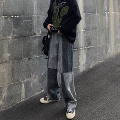 Men Jeans Washed Old Baggy Straight Trousers Contrast Color Tie-Dye Denim Trousers