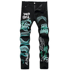 Mens Fashion Jeans Green Snake Street Graffiti 5705#