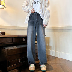 Men Jeans Washed-out Vintage Jeans Autumn Loose Casual Wide-Leg Straight Pants