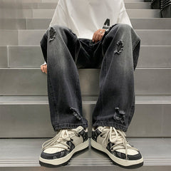 Men Jeans Ripped Jeans Men Autumn Winter Retro Straight Wide Leg Casual Trousers
