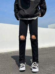Men Jeans Black Ripped Zipper Jeans Summer Straight-Leg Trousers