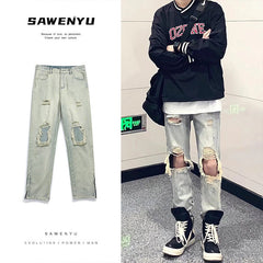 Men Jeans Ripped Jeans Men's Summer Vintage Distressed Loose Casual Wide-Leg Trousers