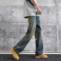 Men Jeans Summer Vintage Vibe Ripped Wide Leg Pants