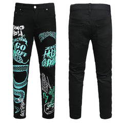 Mens Fashion Jeans Green Snake Street Graffiti 5705#
