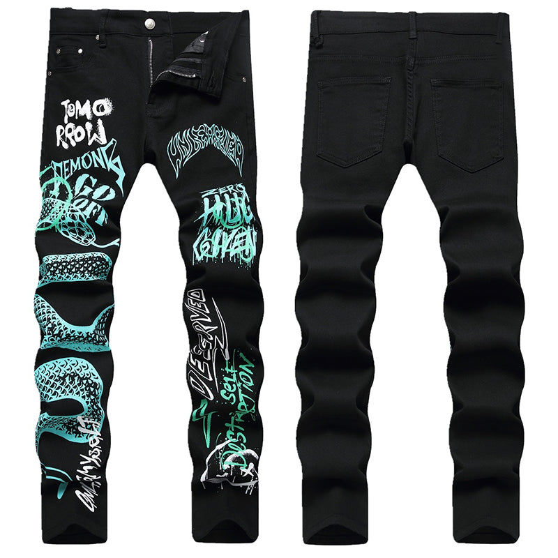 Mens Fashion Jeans Green Snake Street Graffiti 5705#