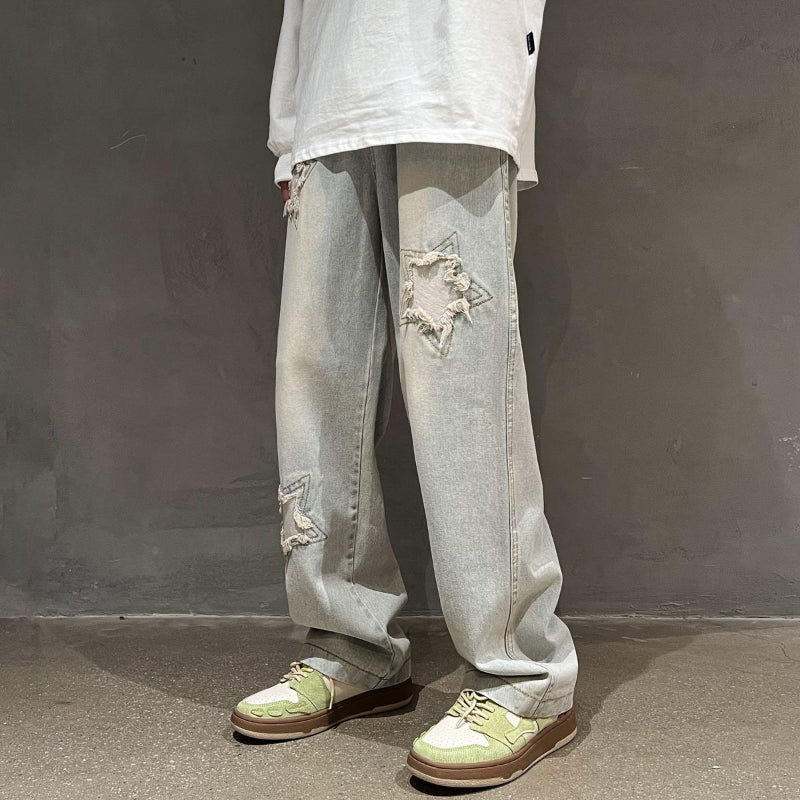 Men Jeans Summer Broken Loose Straight-Leg Wide-Leg Pants