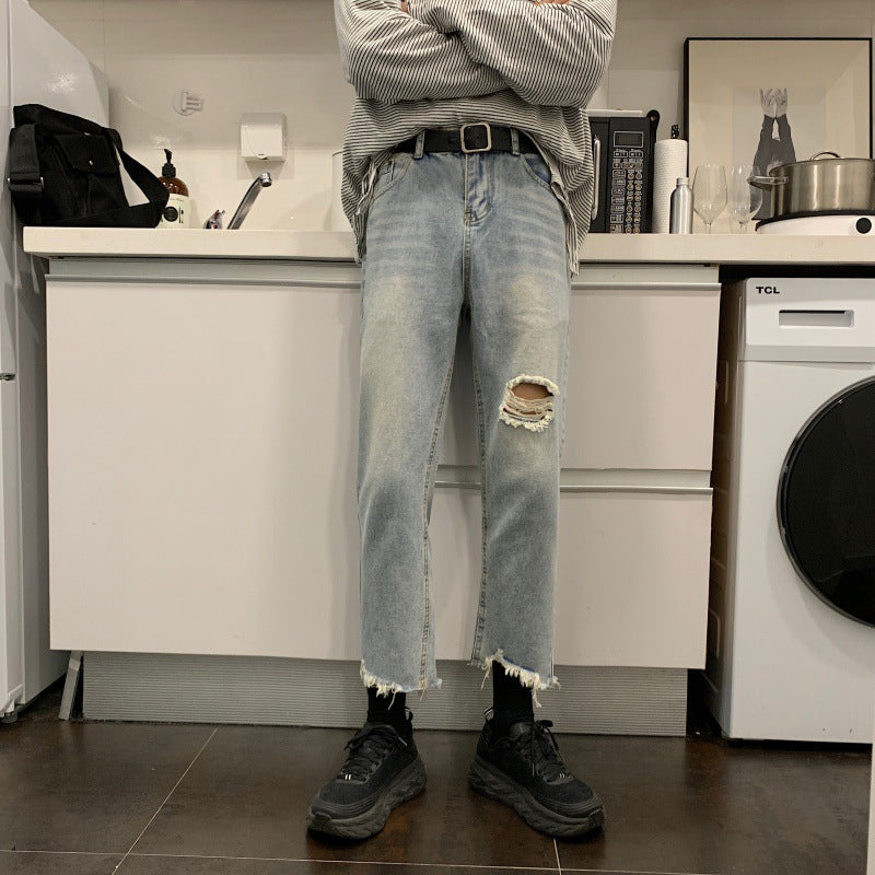 Men Jeans Spring and Summer Men's Ripped Jeans Wide-Leg Straight Pants