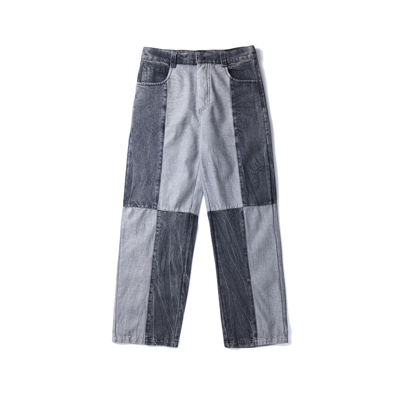 Men Jeans Washed Old Baggy Straight Trousers Contrast Color Tie-Dye Denim Trousers