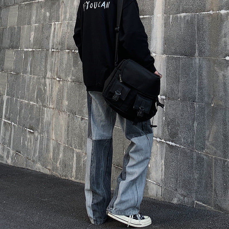 Men Jeans Washed Old Baggy Straight Trousers Contrast Color Tie-Dye Denim Trousers