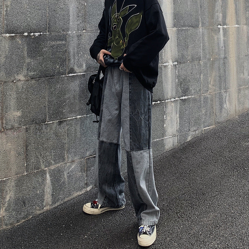 Men Jeans Washed Old Baggy Straight Trousers Contrast Color Tie-Dye Denim Trousers