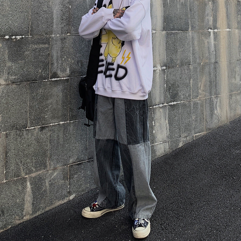 Men Jeans Washed Old Baggy Straight Trousers Contrast Color Tie-Dye Denim Trousers