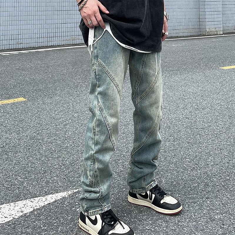 Men Jeans Washed Distressed Stitching Jeans Loose Straight Trousers