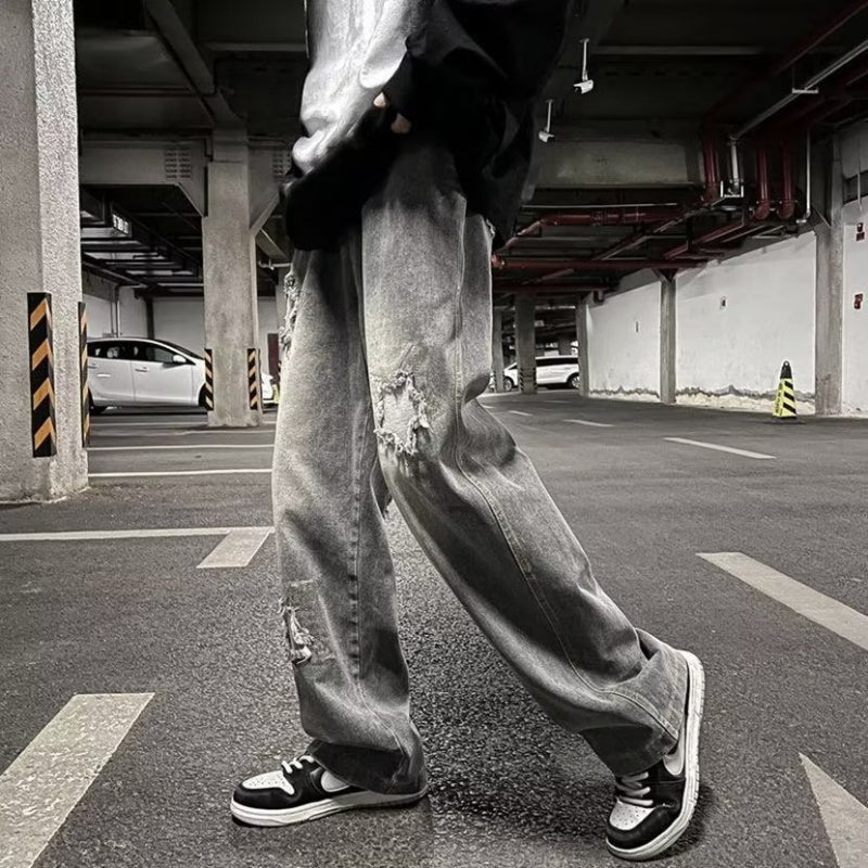 Men Jeans Oldschool Ripped Jeans Men's Summer Loose Straight P Pants