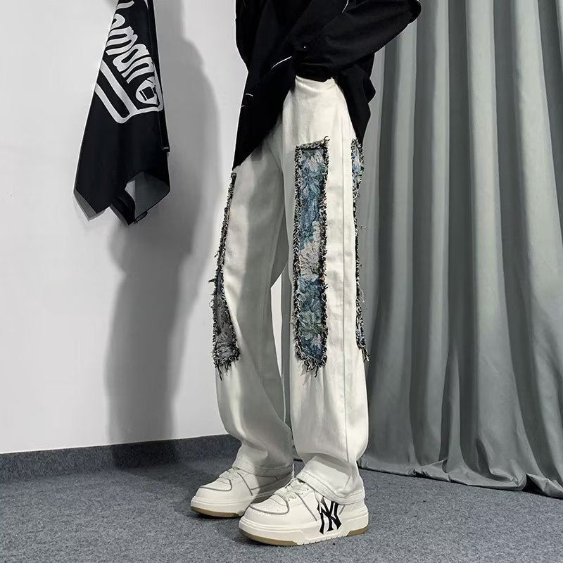 Men Jeans Patchwork Stitching Jeans Loose Straight Trousers