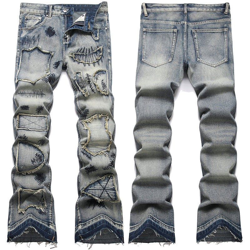 Mens Fashion Jeans Patchwork wide-leg pants 5713#