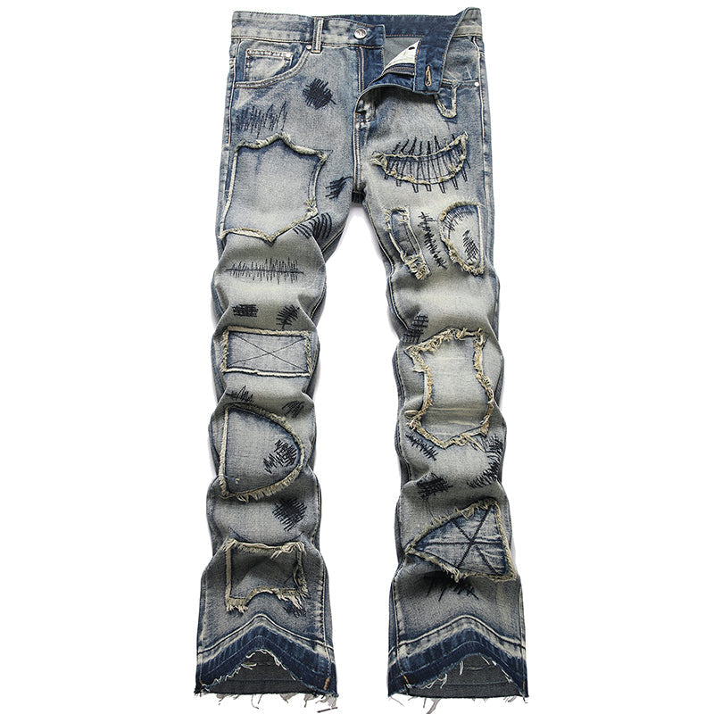 Mens Fashion Jeans Patchwork wide-leg pants 5713#