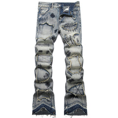 Mens Fashion Jeans Patchwork wide-leg pants 5713#