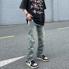 Men Jeans Washed Distressed Stitching Jeans Loose Straight Trousers