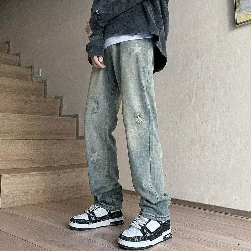 Men Jeans XINGX Printed Jeans Washed Straight Broken Holes Pants