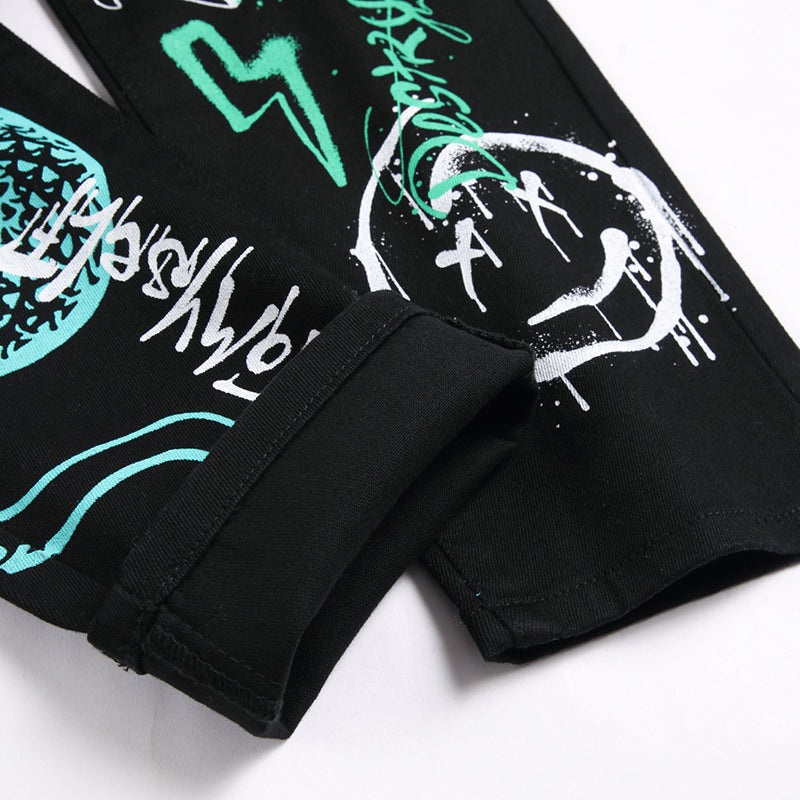 Mens Fashion Jeans Green Snake Street Graffiti 5705#