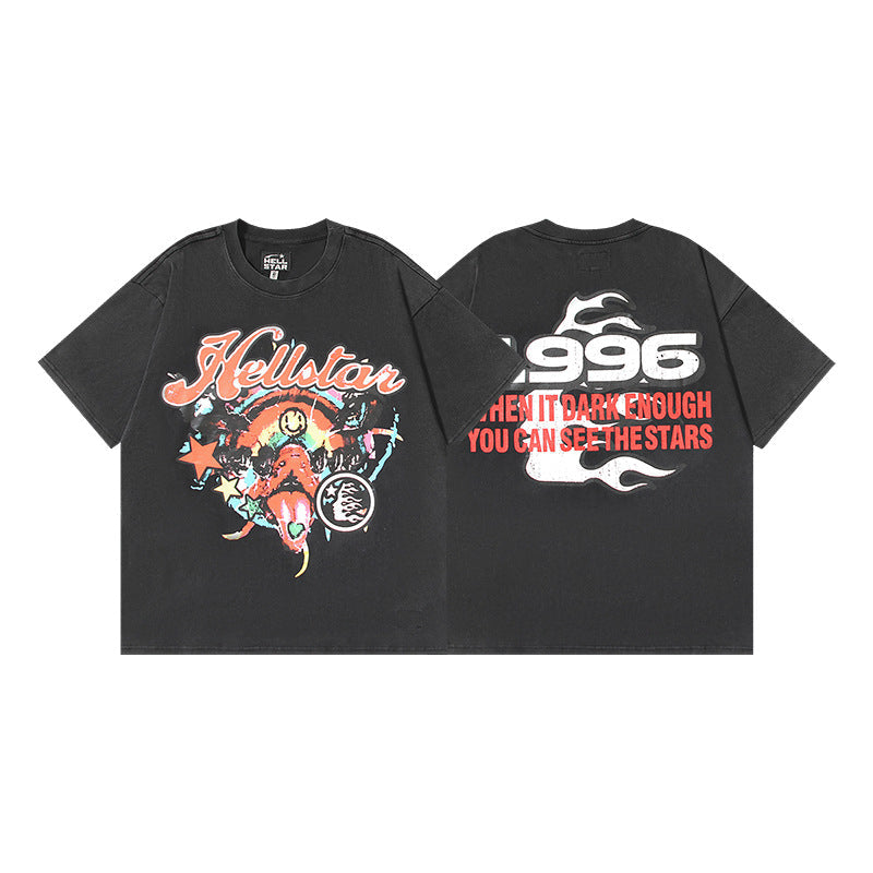 Vintage Washed Graphic Tee – Oversized Unisex Short Sleeve T-Shirt (Washed Black & Blue Series)