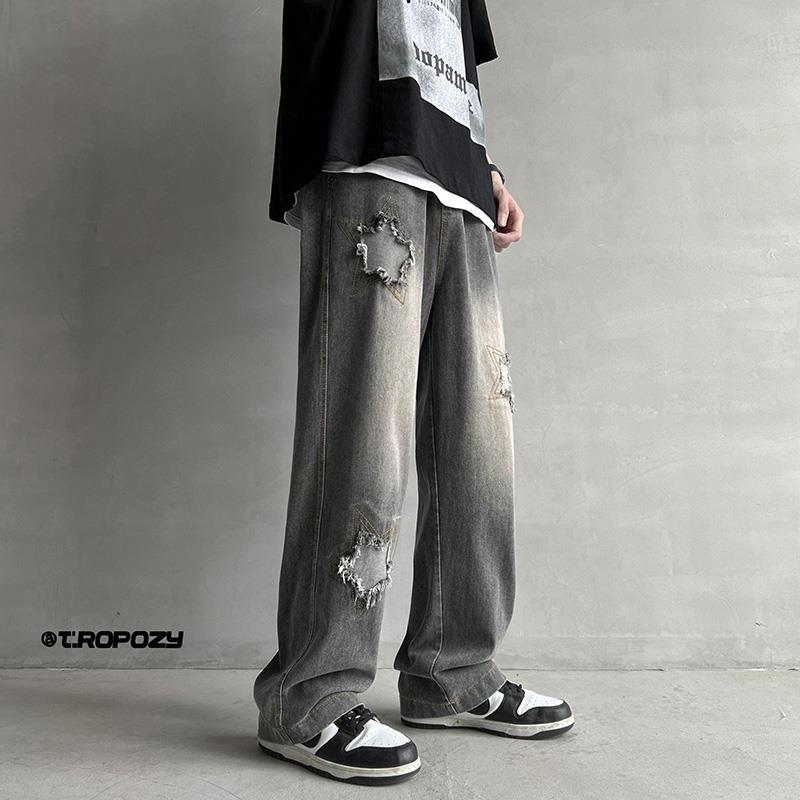 Men Jeans Five-Pointed Star Summer Washed-out Vintage Wide Leg Denim Trousers