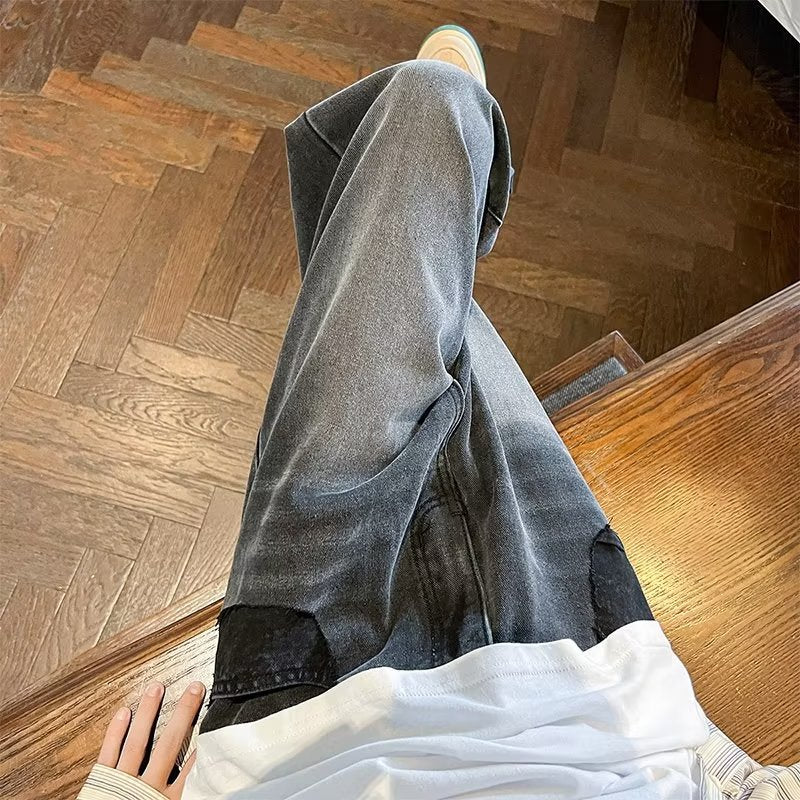 Men Jeans Washed-out Vintage Jeans Autumn Loose Casual Wide-Leg Straight Pants