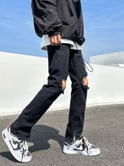 Men Jeans Black Ripped Zipper Jeans Summer Straight-Leg Trousers