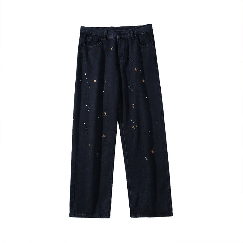 Men Jeans Splash Ink Paint Spots XINGX Embroidered Jeans Vintage Straight Loose Dad Jeans