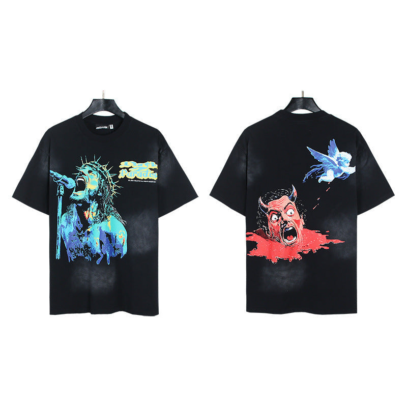 Hell Star Heel Washed Vintage American Print Short Sleeve T-Shirt