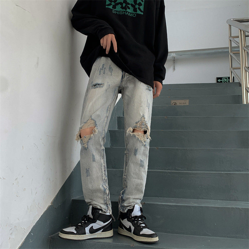 Men Jeans Loose Hole Straight Tide Trousers