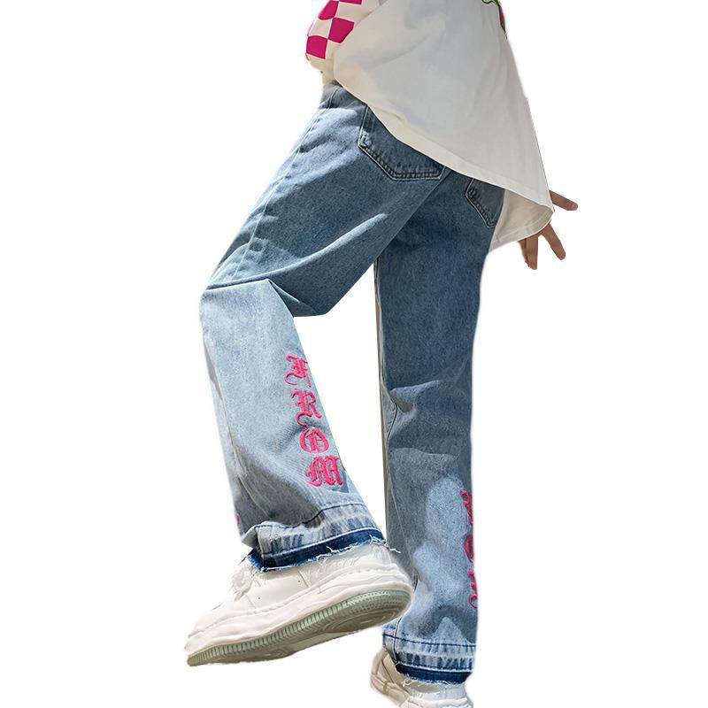 Men Jeans Embroidered Washed Distressed Loose Straight Pants Trousers