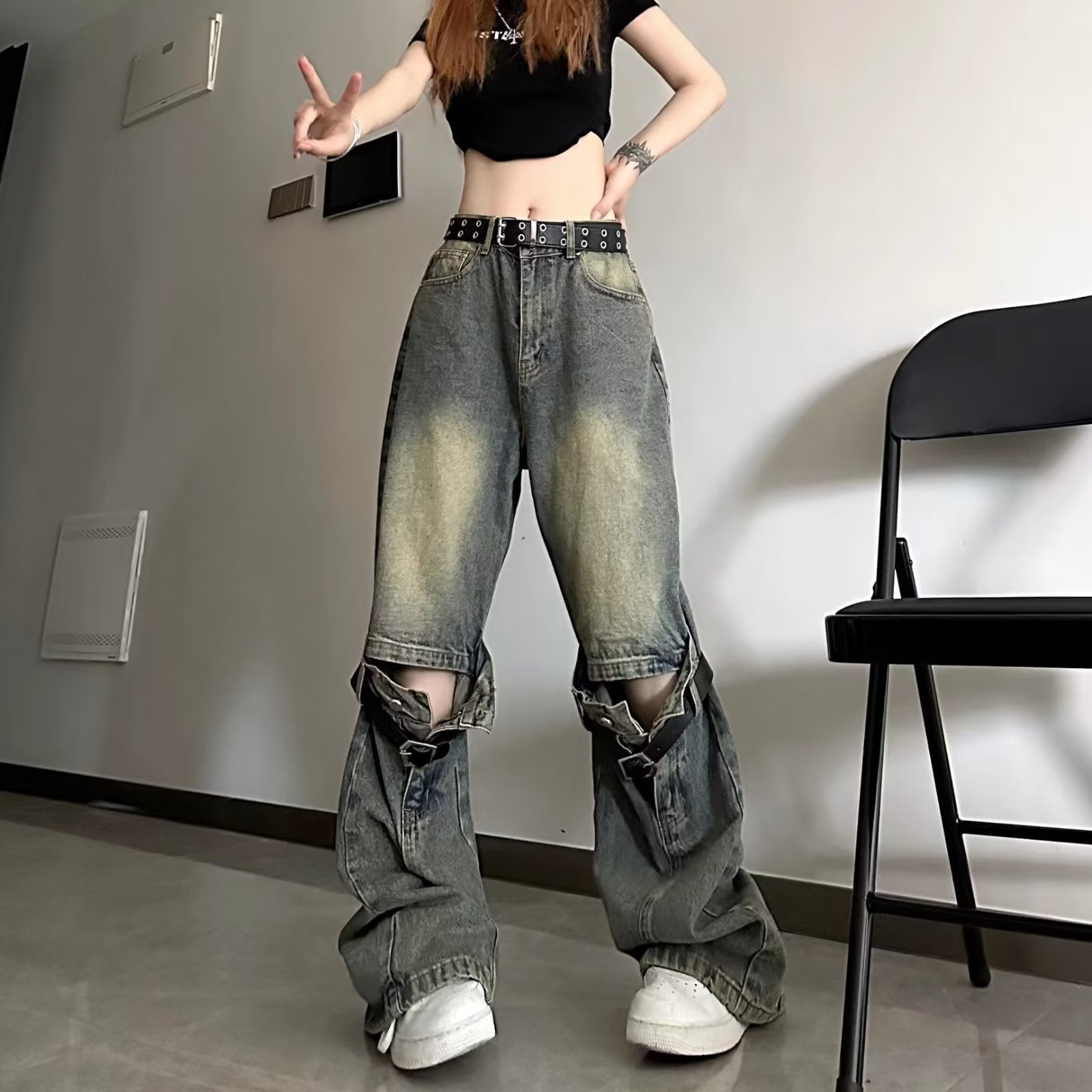 Men Jeans Washed Distressed Pants Ripped Jeans Straight-Leg Pants