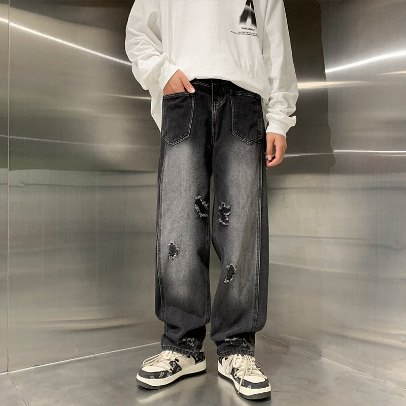 Men Jeans Ripped Jeans Men Autumn Winter Retro Straight Wide Leg Casual Trousers