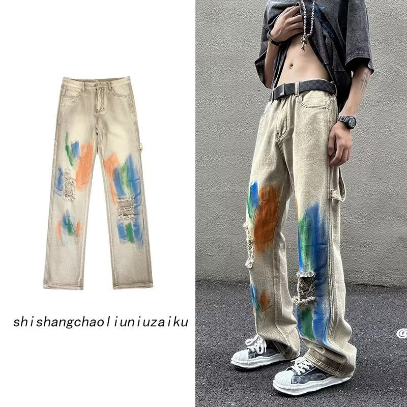 Men Jeans Washed Jeans Ripped Tie-Dye Pants Men Straight-Leg Pants
