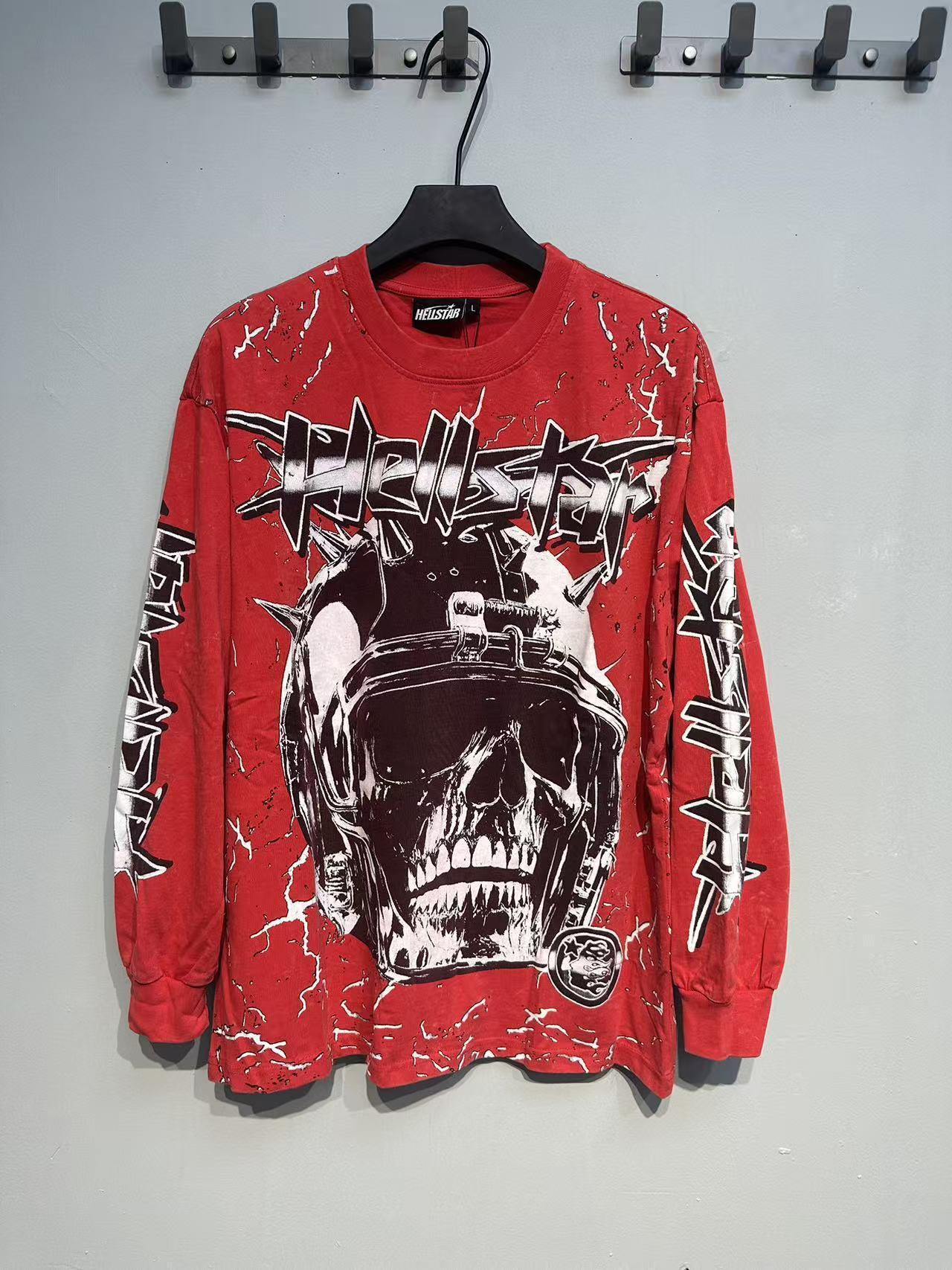 Hellstar Skull & Lightning Print Acid Wash Vintage Long Sleeve Hoodie