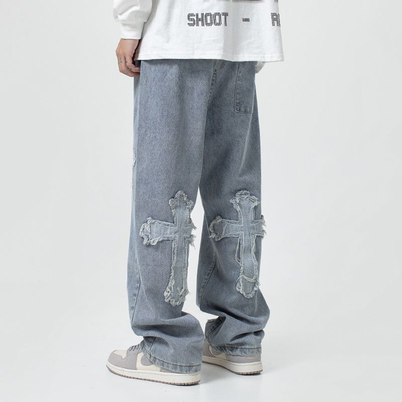 Men Jeans Cross Patchwork Jeans Hip Hop Straight Loose-Fitting Wide-Leg Trousers
