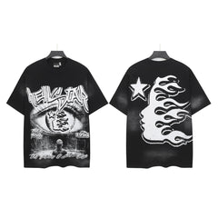 Hell Star Heel Washed Vintage American Print Short Sleeve T-Shirt