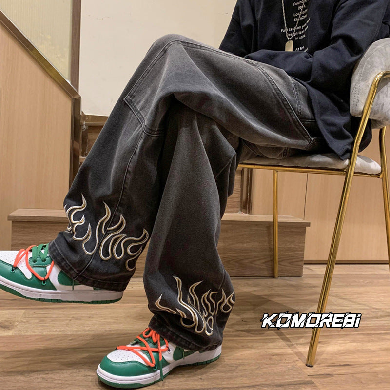 Men Jeans Men's Spring and Autumn Retro Distressed Straight Loose Casual Pants