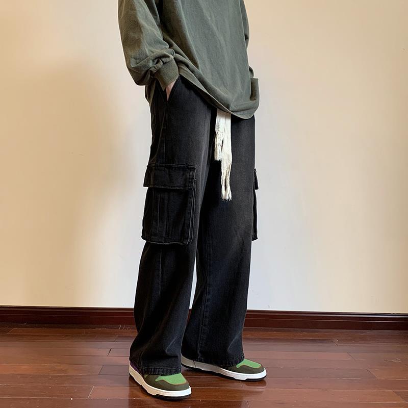 Men Jeans Washed-out Vintage Multi-Pocket Straight Loose Casual Wide-Leg Trousers
