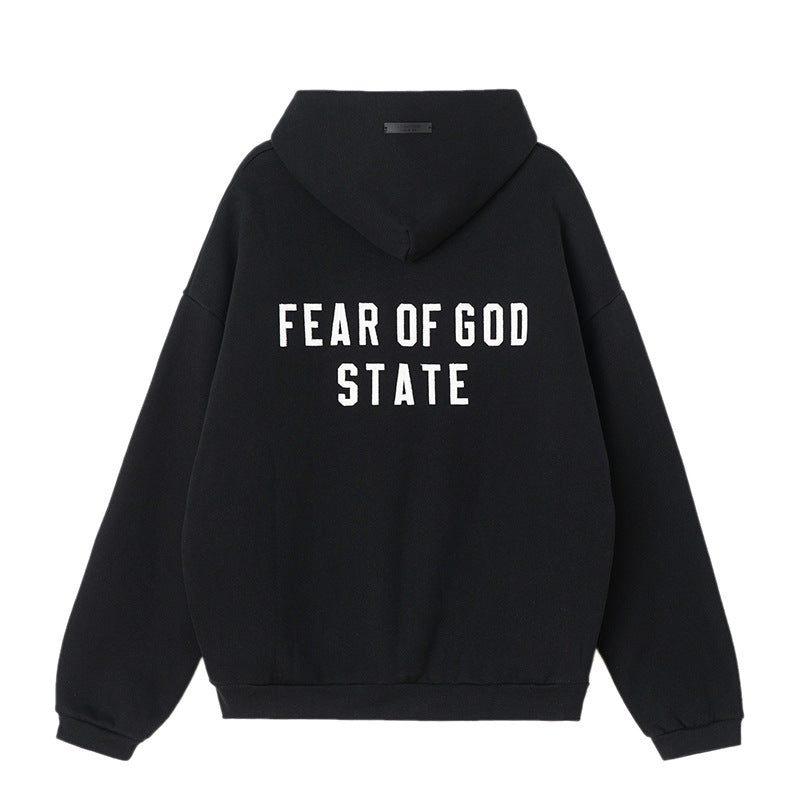 FOG Essentials Letter Embroidered Fleece Zip-Up Hoodie – 2024FW Unisex American Streetwear