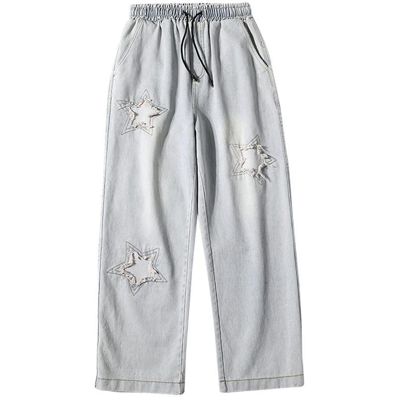 Men Jeans Five-Pointed Star Summer Washed-out Vintage Wide Leg Denim Trousers