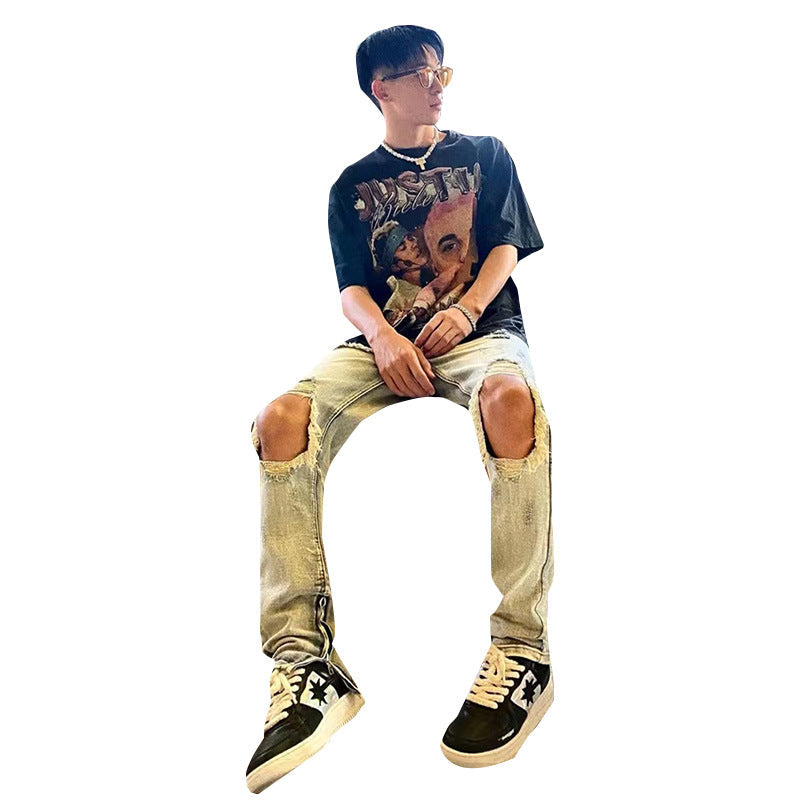Men Jeans Ripped Jeans Men's Summer Vintage Distressed Loose Casual Wide-Leg Trousers