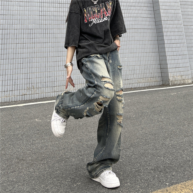 Men Jeans Retro Washed Distressed Ripped Jeans