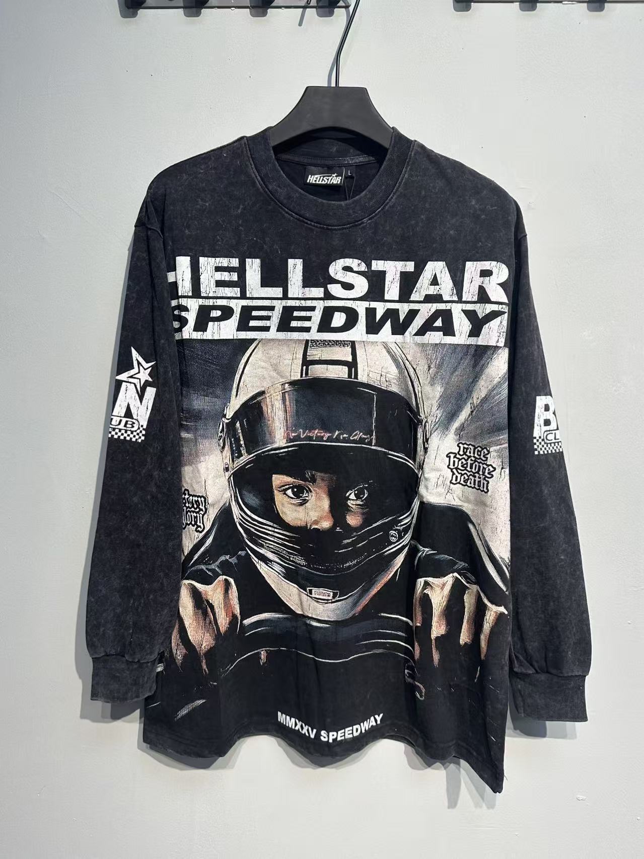 Hellstar Skull & Lightning Print Acid Wash Vintage Long Sleeve Hoodie