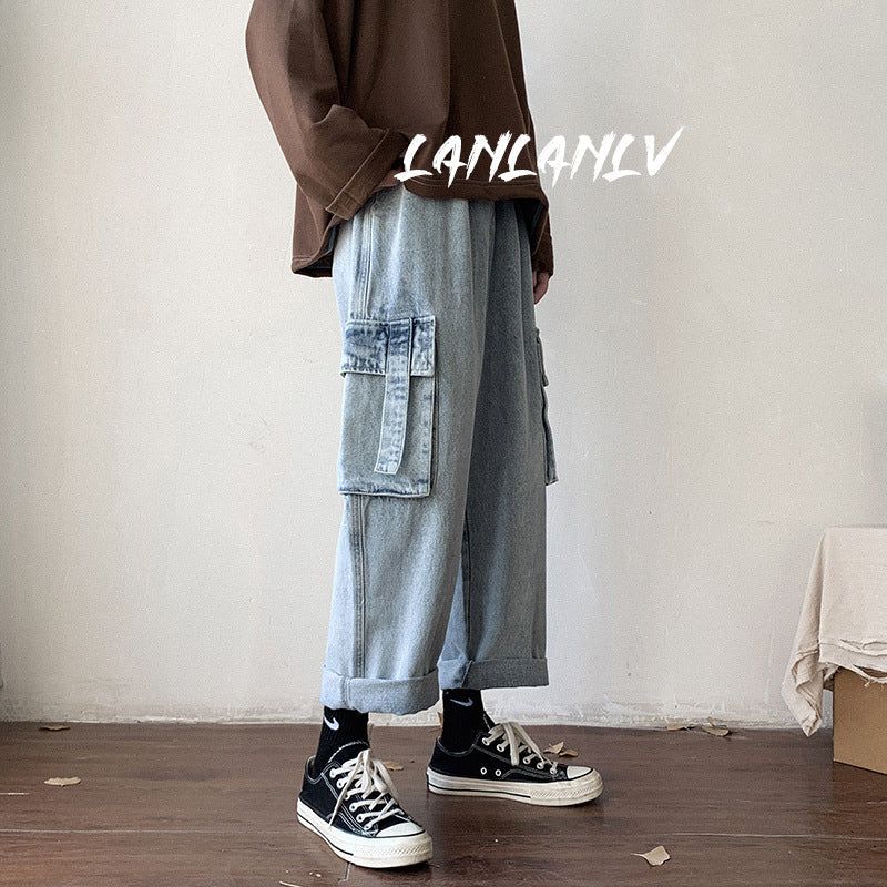 Men Jeans Cargo Jeans Men's Straight Loose Wide Leg Pants Retro Trousers