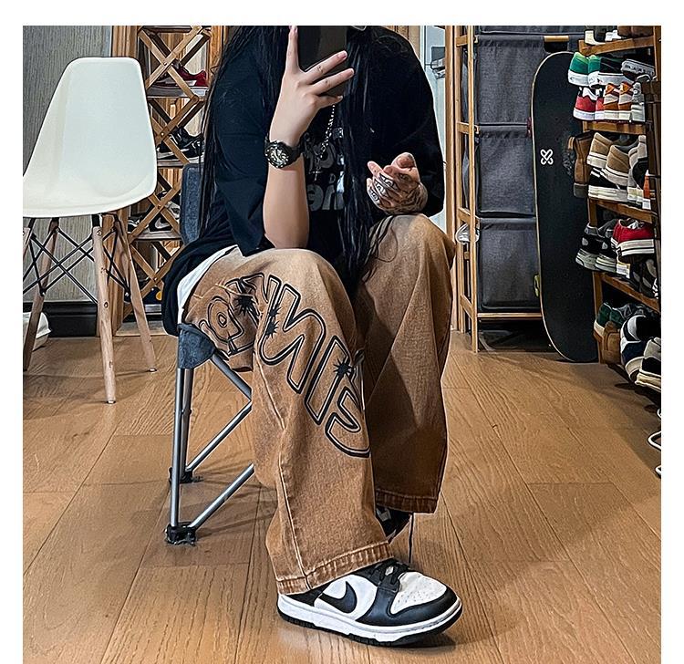 Men Jeans Vintage Jeans Spring and Autumn Distressed Baggy Straight Trousers