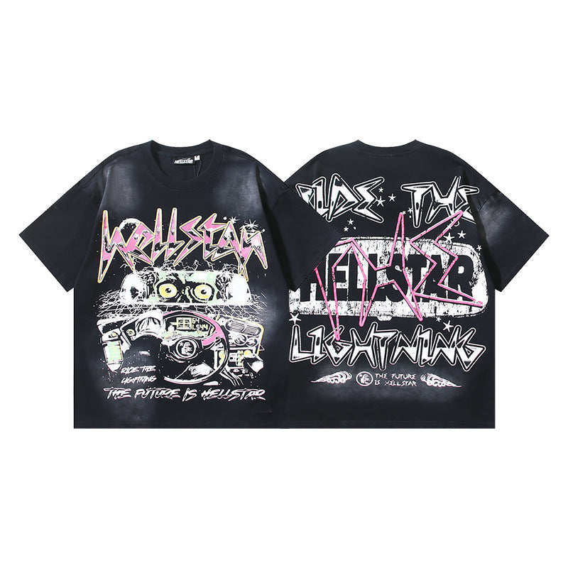 HELLSTAR 2025 American Streetwear Heavyweight Washed Vintage Oversized Short Sleeve T-Shirt